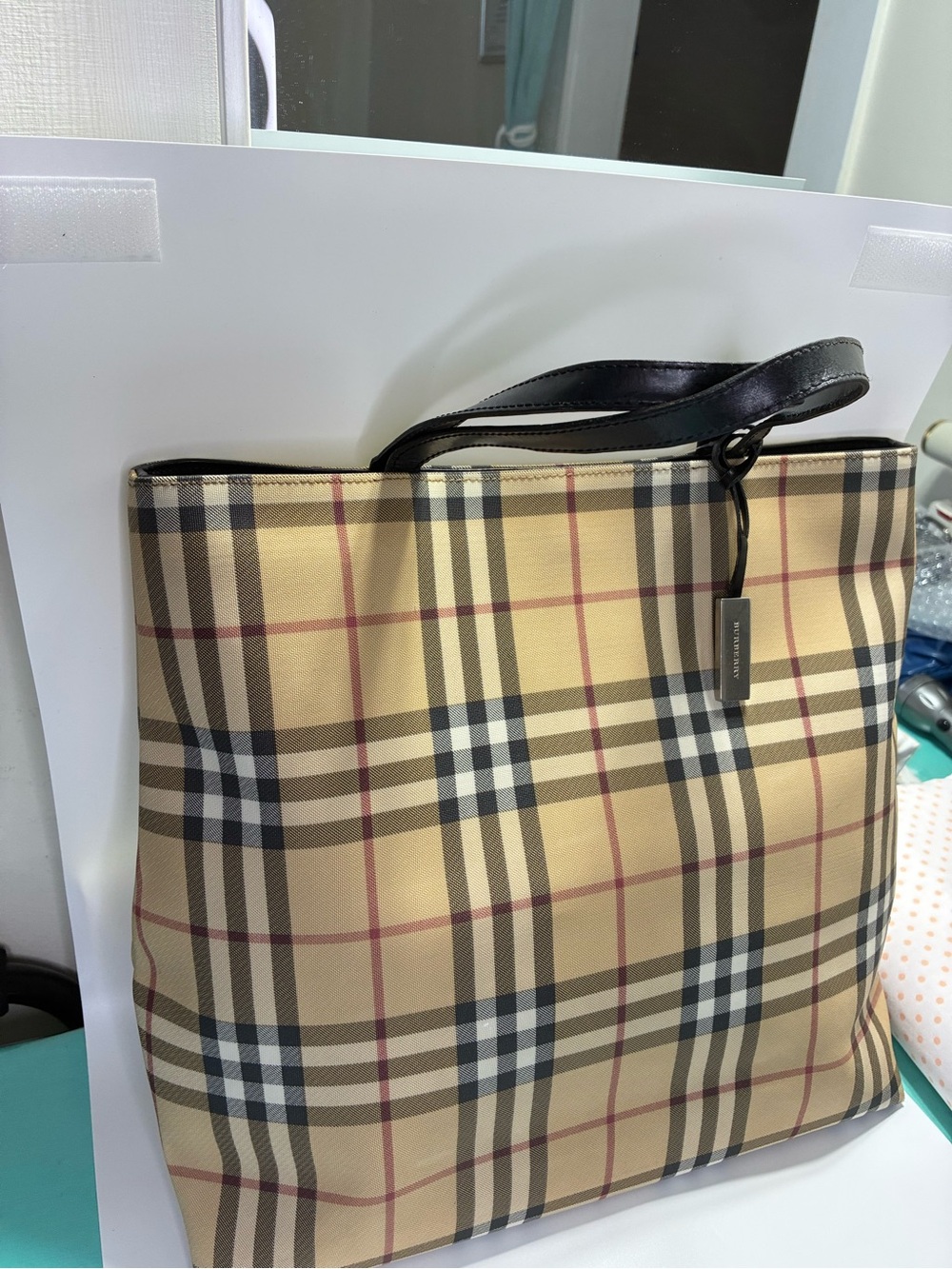 Burberry Beige Plaid Tote with Black Handles